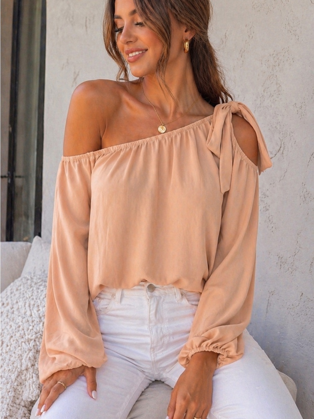 SHEIN Nude/Peach One Shoulder Tie Blouse Size Med Asymmetrical Long Sleeve Top